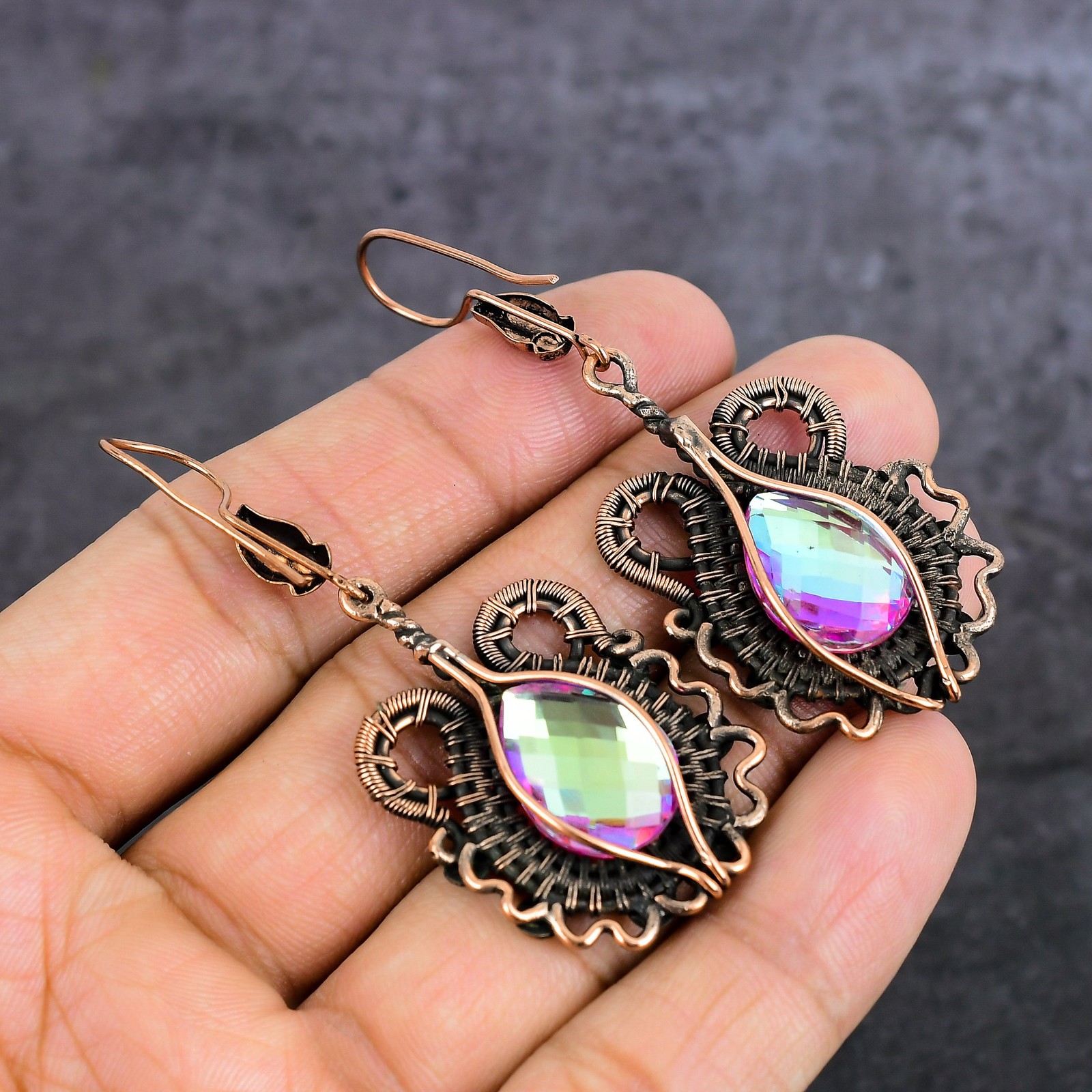 Pink Rubillite Gemstone Copper Wire Wrap Jewelry Earring 2.56″ Gift for Her V194