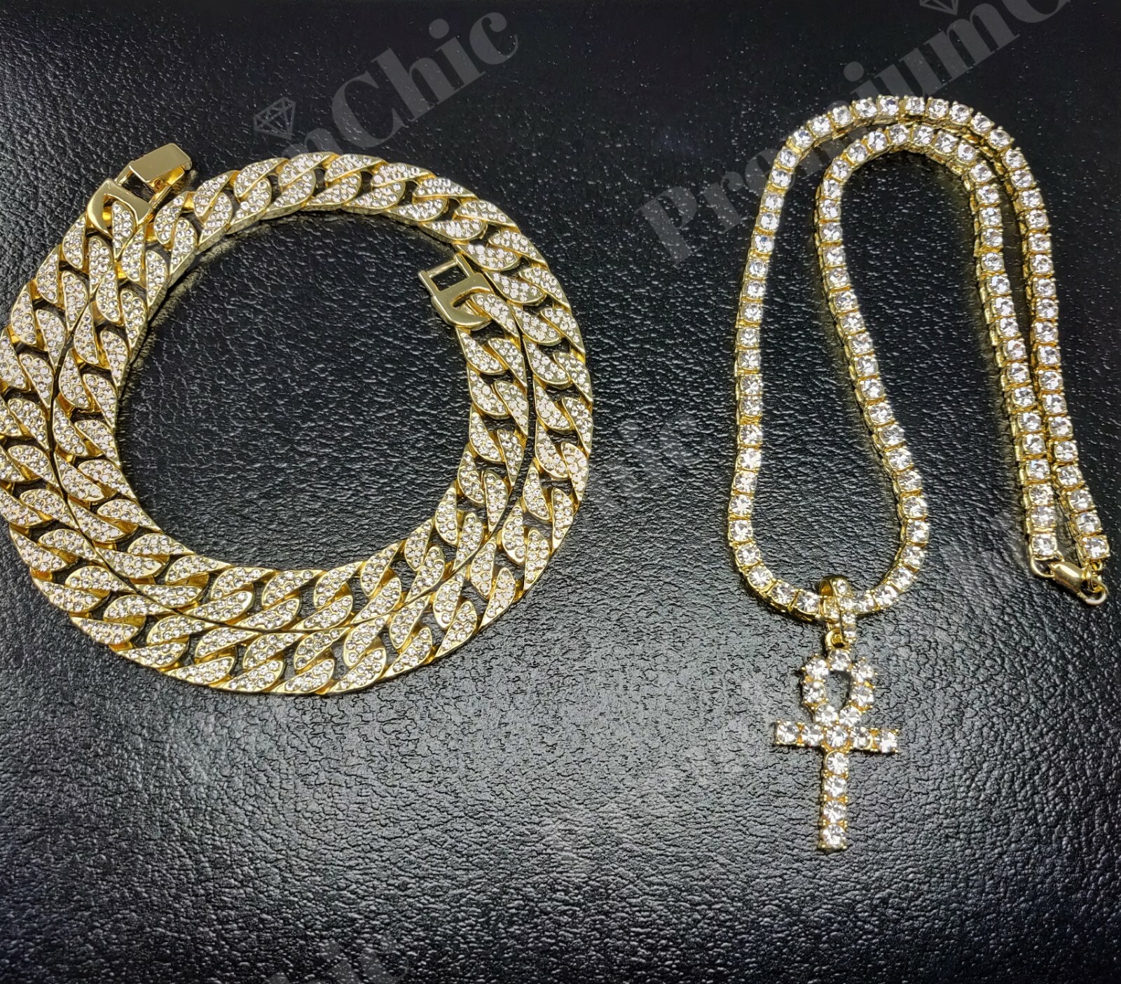 3pc, ANKH Pendant, Tennis Necklace, Miami Cuban Choker Plated CZ Jewelry SET