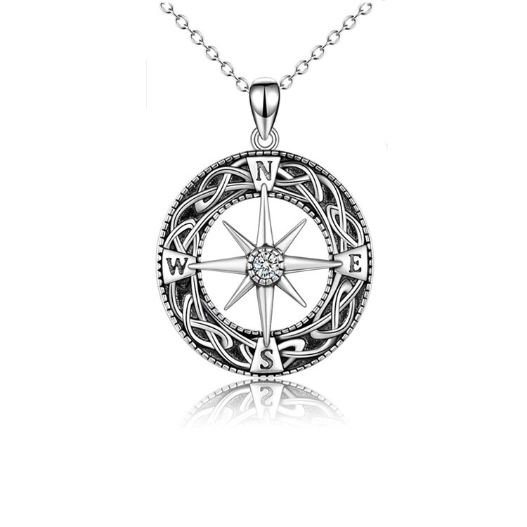 Cable Chain Necklace Pendant Compass Zircon 925 Sterling Silver Lady/Mr