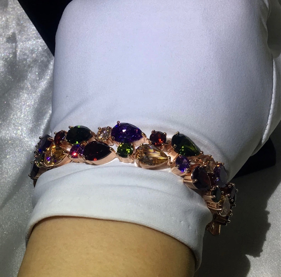 18k Rose Gold Filled Multicolor Tennis Bracelet made w Swarovski Crystal 6.5”