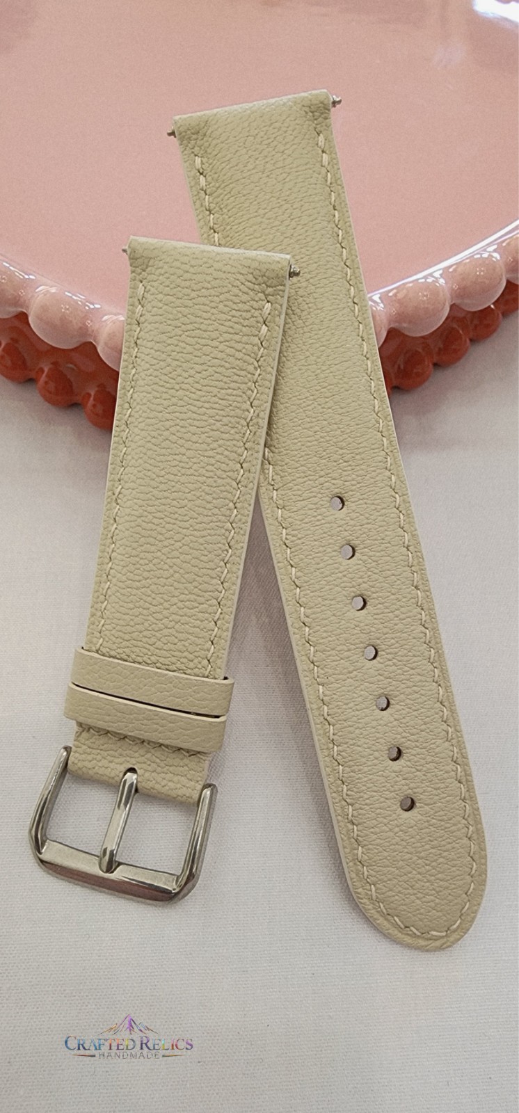 22mm Handmade Ivory French Sheepskin Leather Watch Strap Cream White 22-20