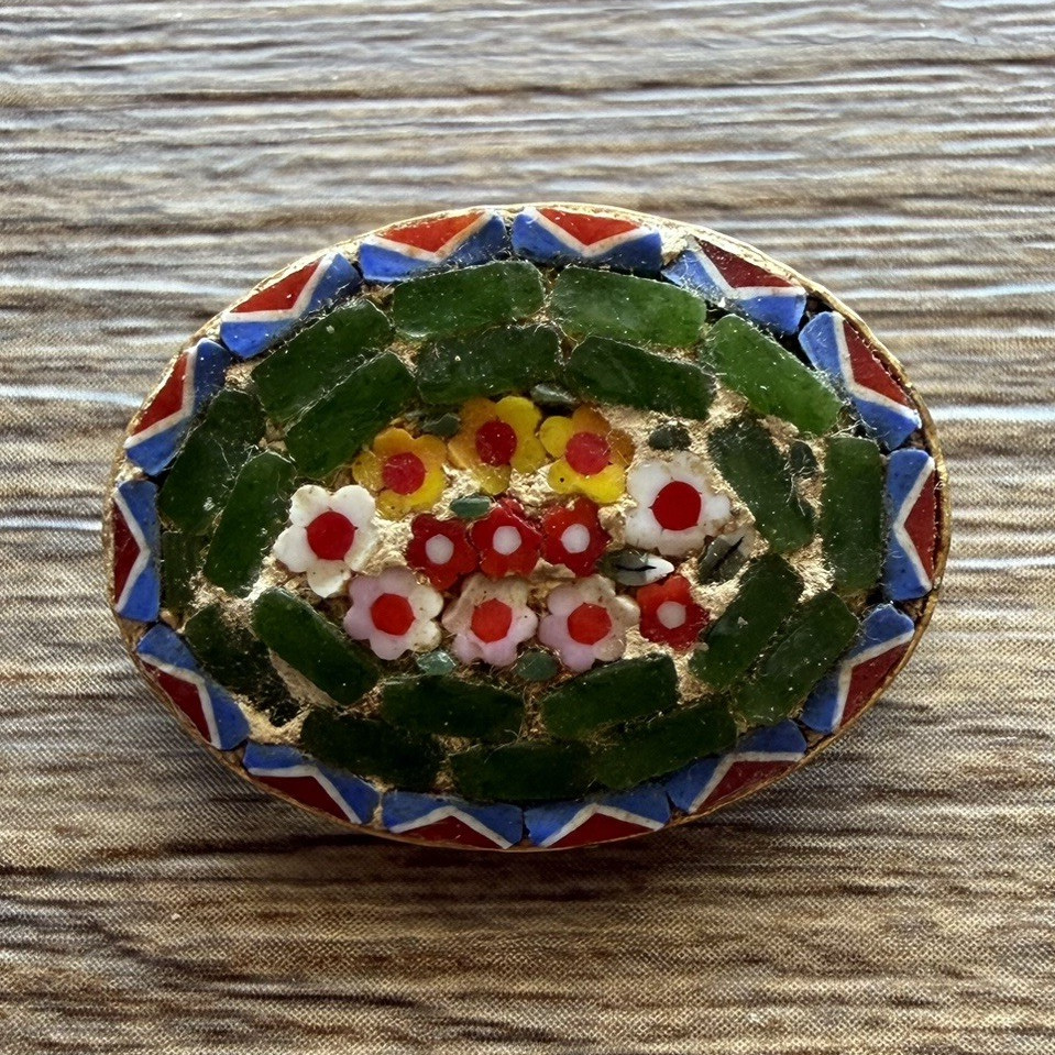 Vintage Italian Micro Mosaic Oval Brooch Pin Floral Red Blue Geometric Frame