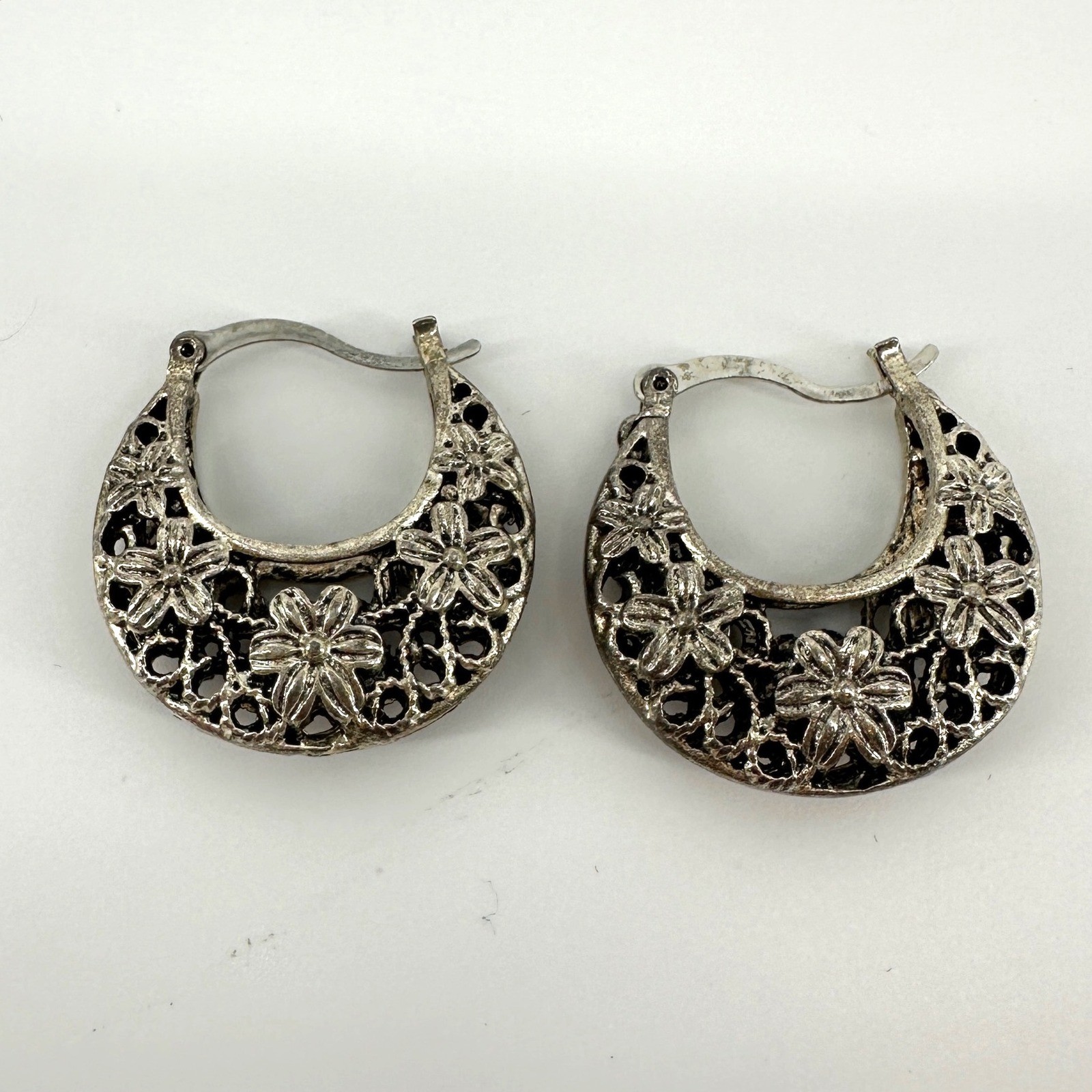 Silver Floral Filigree Crescent Hoop Earrings Boho Vintage Style Latch Back