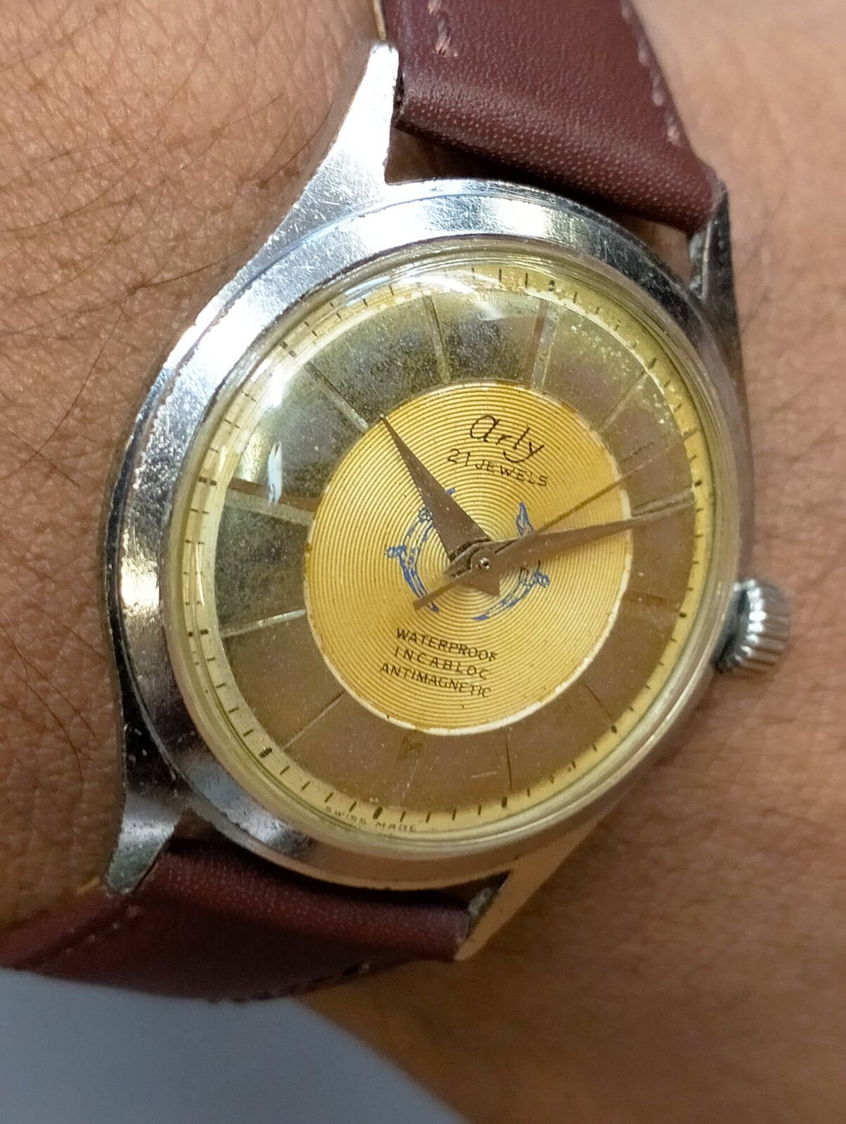 ARLY 21 JEWELS WINDING AGED GOLD DIAL SWISS MEN’S FULL WORKING VINTAGE WATCH