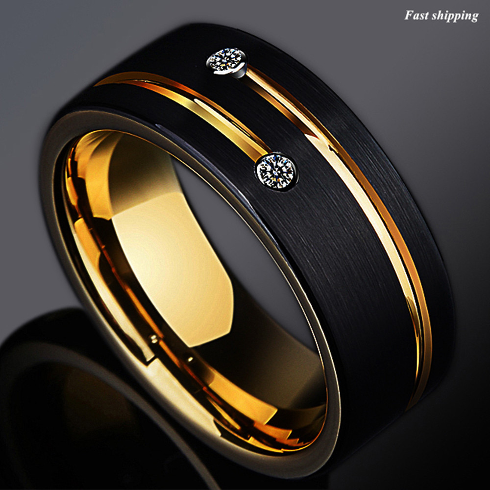 8mm Black Plated Metal Tungsten Ring Gold Grooved Line ATOP Men Wedding Band