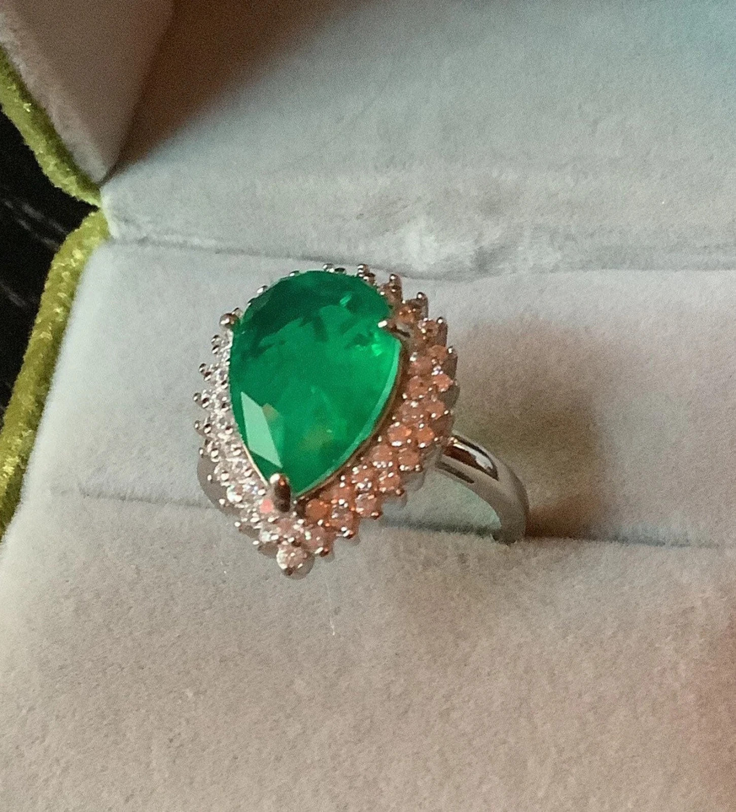 4.70 Ct Pear Cut Natural Emerald & Diamond Ring 14K Solid White Gold Size 7