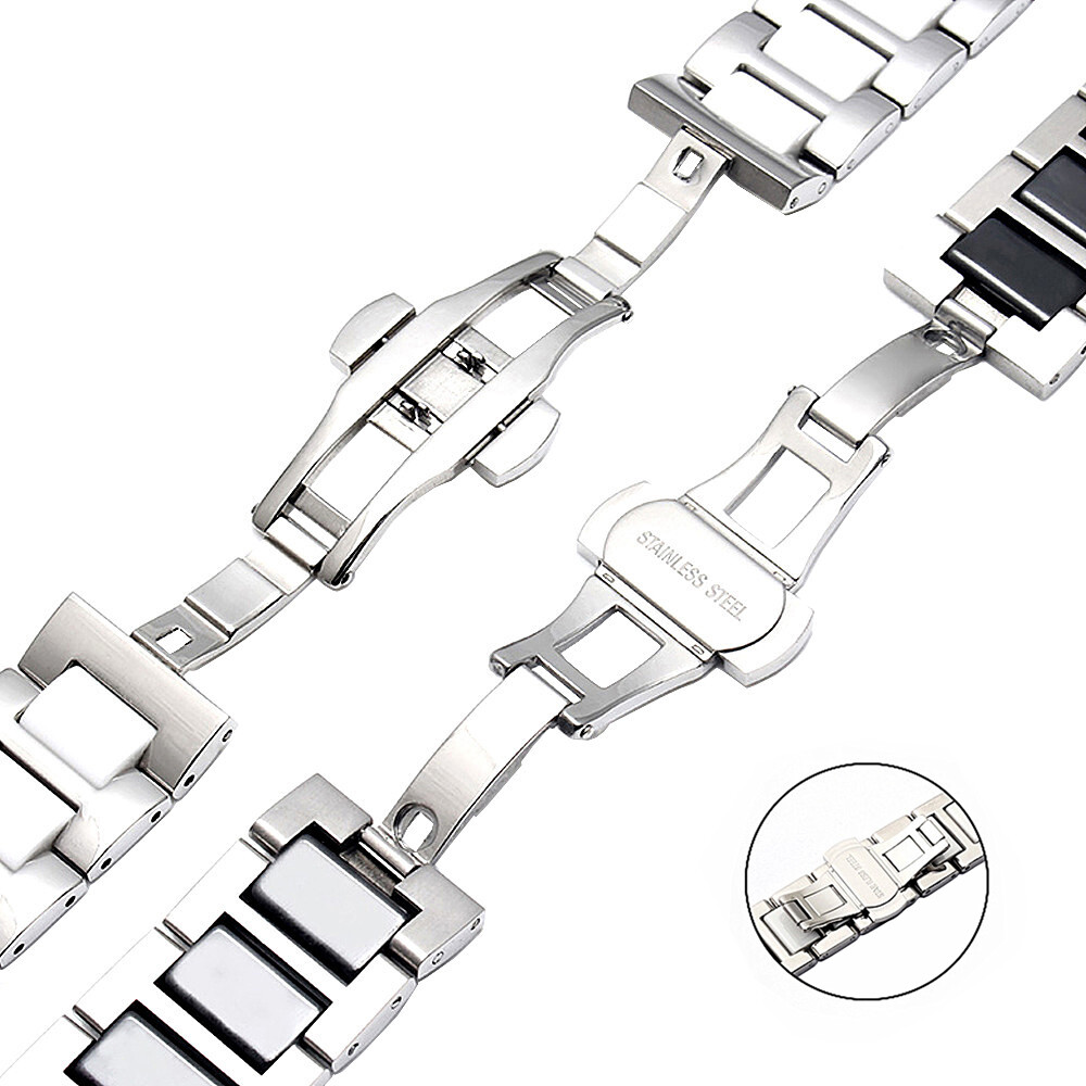 14mm 16mm 18mm 20mm 22mm Black White Stainless Steel + Ceramic Watch Strap Band