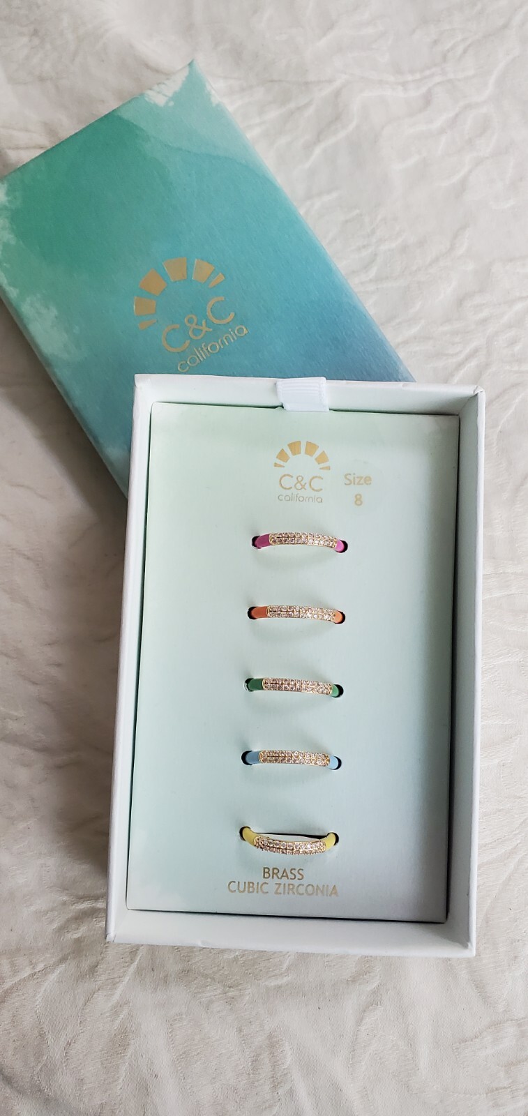 C & C California RING SET Colorful Enamel Brass Cubic Zirconia 5 Rings NEW SZ 8