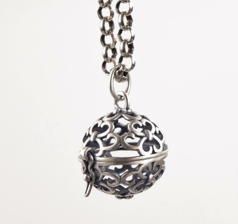 Antiqued Sterling Silver Cutout Scroll Small Ball Locket Pendant Aromatherapy