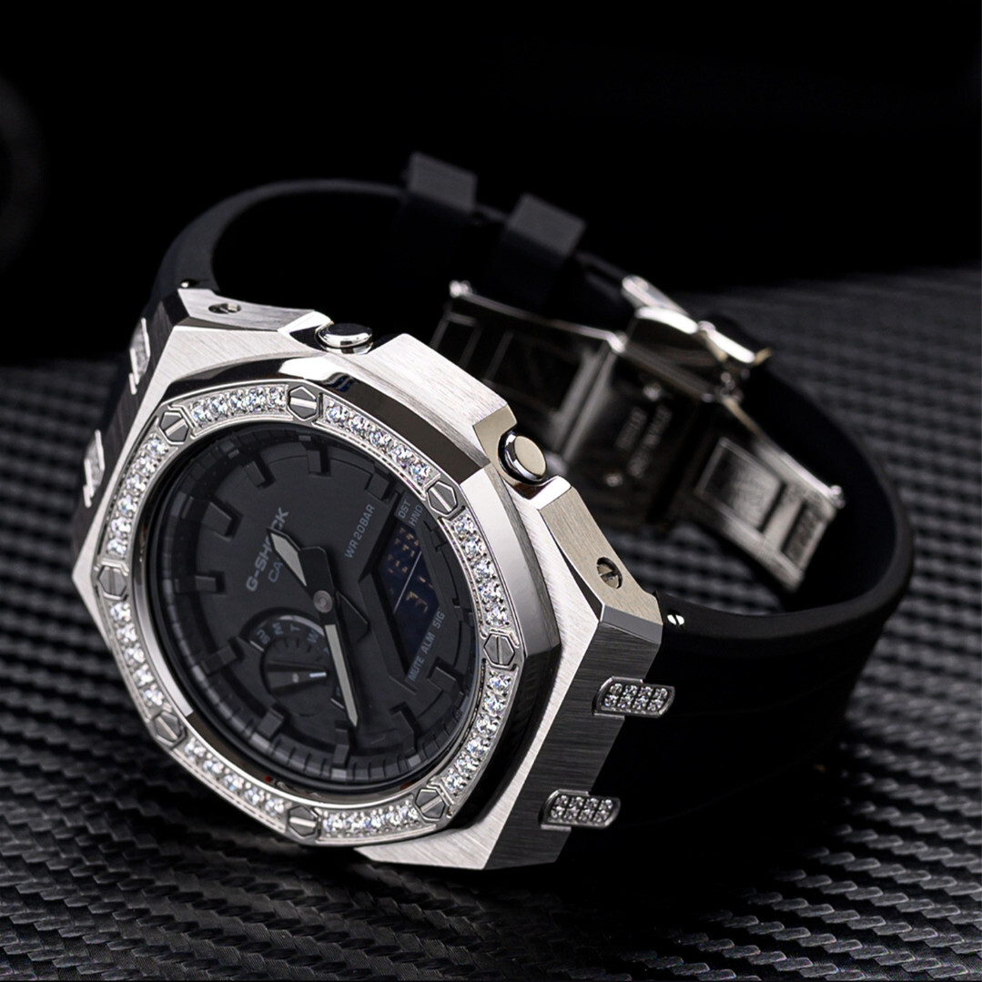 Bling Diamond Stainless Steel Bezel Mod Kit Case Band for G-SHOCK GA-2100 GA2110