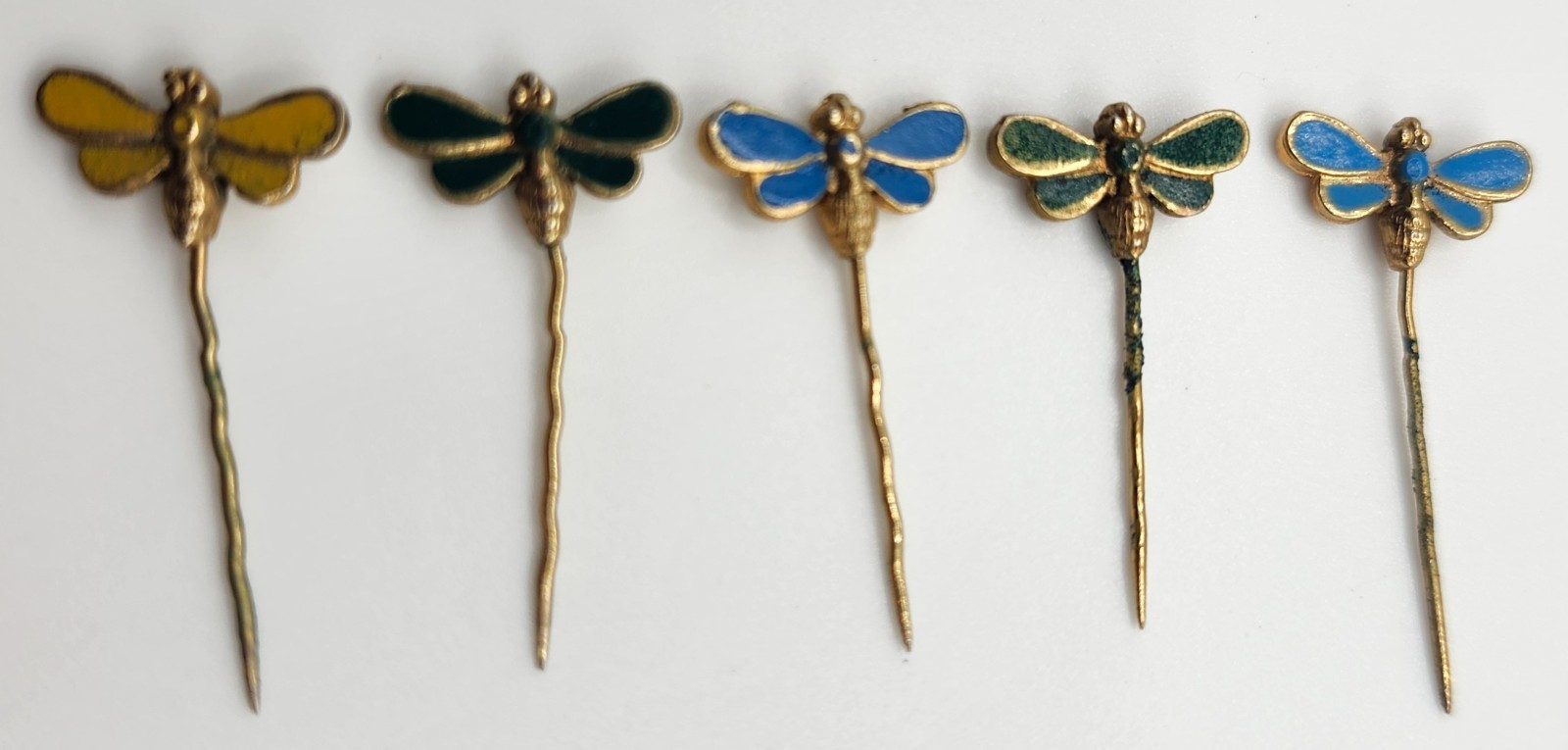 Vintage Dragonfly Insect Pin Set of 5 Metal and Enamel 1″ long