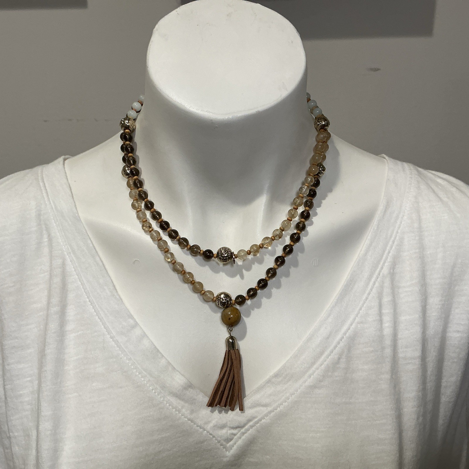 Marlyn Schiff Brown, Beige, Sage Natural Stone Necklace Faux Leather Tassel