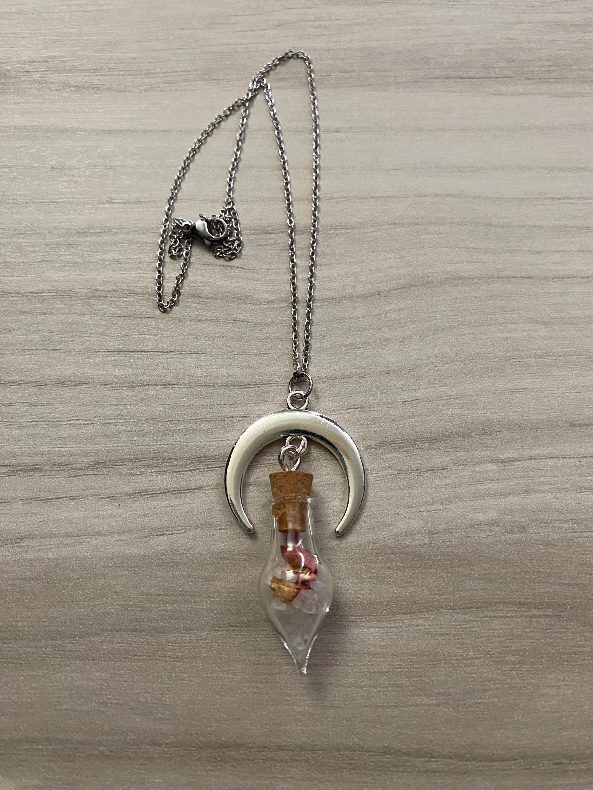 Crescent Moon Necklace Vial of Salt and Rose Petals Love Protection