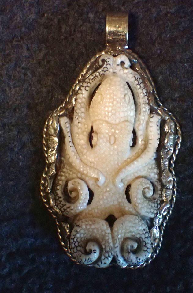 Octopus Squid Carved Pendant in Tibetan Silver Arms curled up approx 2 1/8 “
