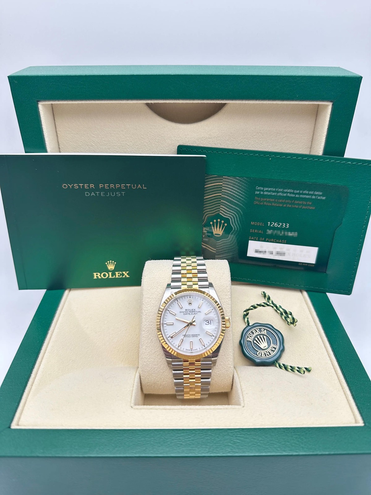 Rolex Datejust 36 126233 18K Fluted White Dial Jubilee Box Papers FULL STICKERS