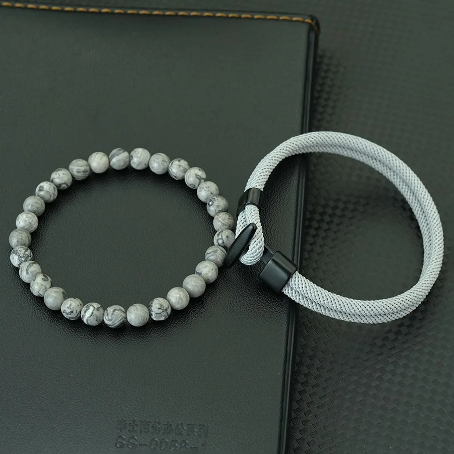 2Pcs Beads Rope Bracelet Set Men Tiger Eyes Malachite Stone Handmade Jewelry