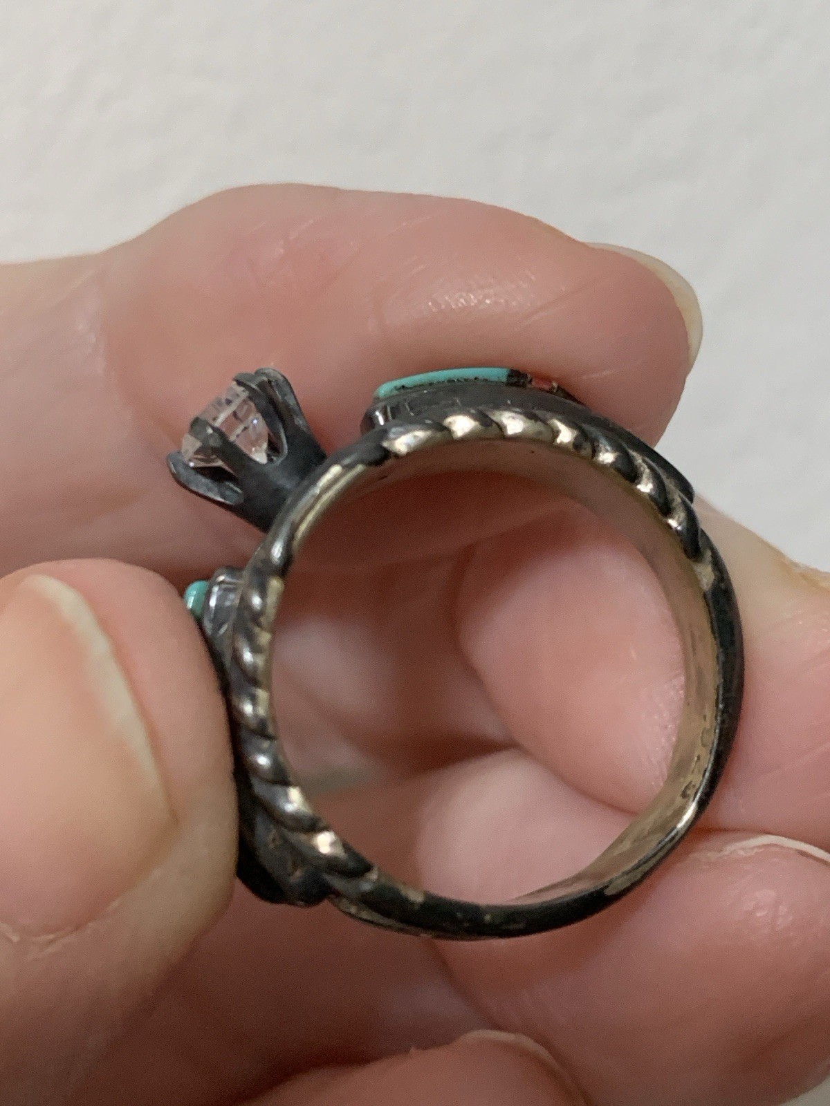American Navajo Style Woman’s SS Engagement Ring,Inlaid Turquoise,CZ center, 7.5