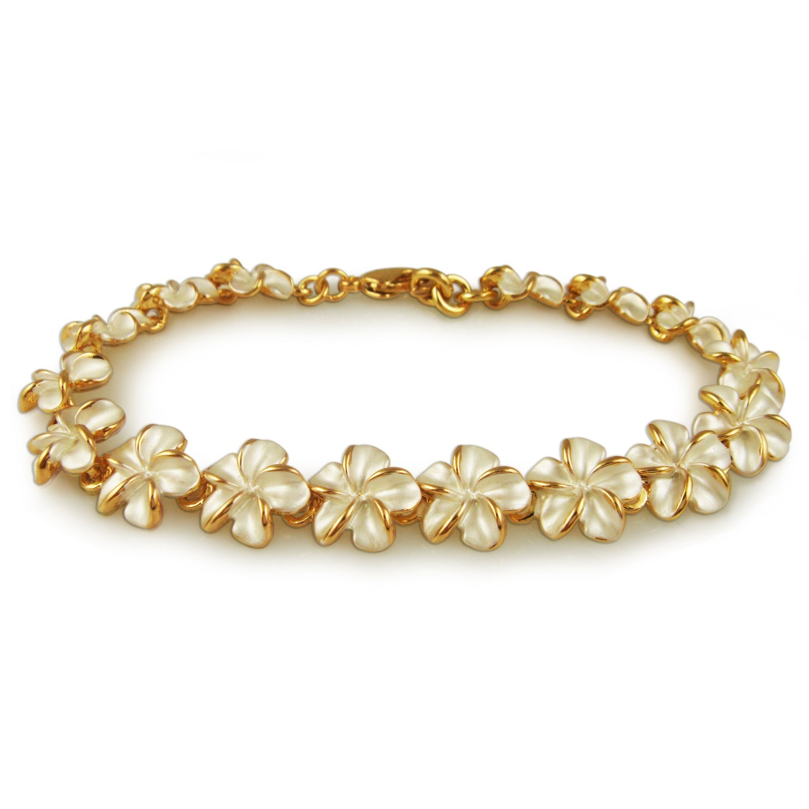 TRENDY CUTE HAWAII PLUMERIA FLOWER CHAIN LINK BRACELET RHODIUM OR GOLD PLATED
