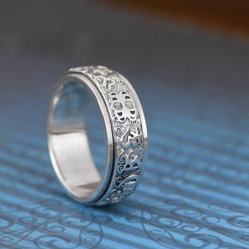 Pure S925 Sterling Silver Band Men Women Six Words Pixiu Ring Us Size :8-13