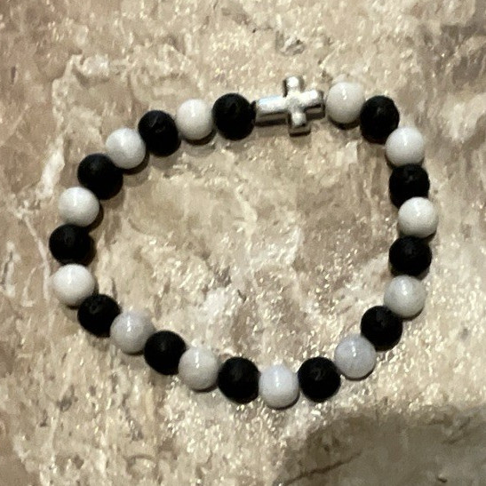 Black & White Beaded Stretch Bracelet, Slip-On Ball/Bead Chain, Unisex