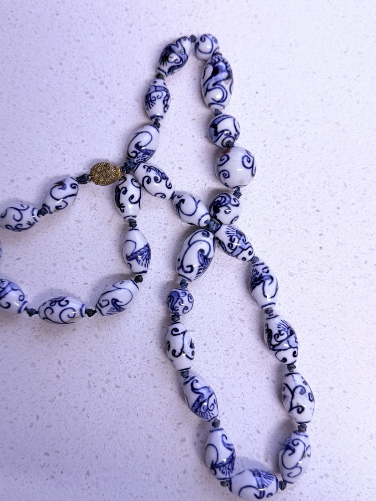 VTG Chinese Hand Knotted Blue White Painted Porcelain Lg Bead Necklace Floral