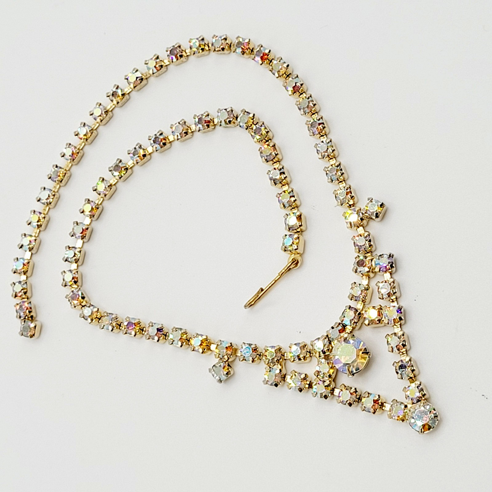 Swag or V Style Drop Choker AB Rhinestone Necklace Gold Tone Vintage 15 inch