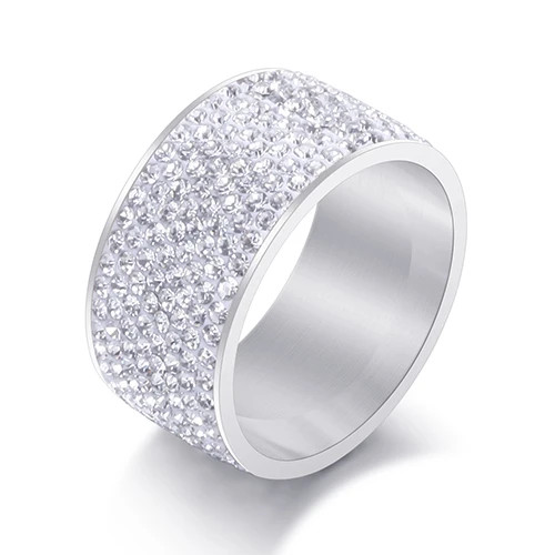 Crystal Pave Ring 8 Row Stainless Steel Gold Plated Wide Band Women Jewelry
