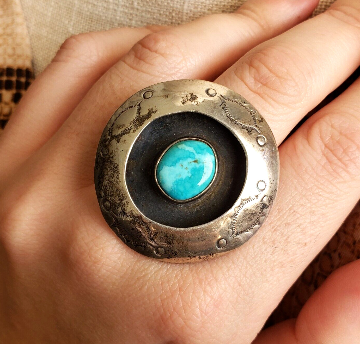 Vintage Sterling Silver Ring Womens Size 8.75 Turquoise Southwestern Circle Disc