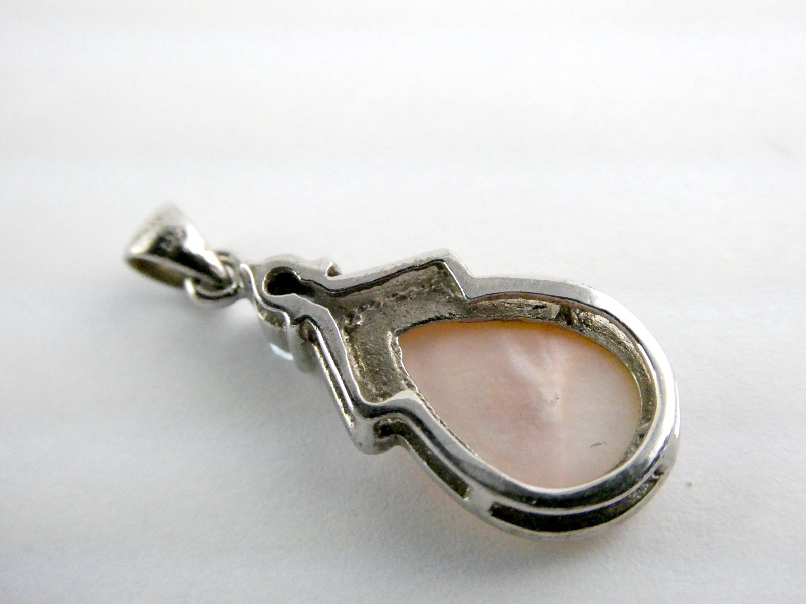 Sterling Silver Blue Topaz and Peach MOP Shell Pendant 925 1.25 Inch Length