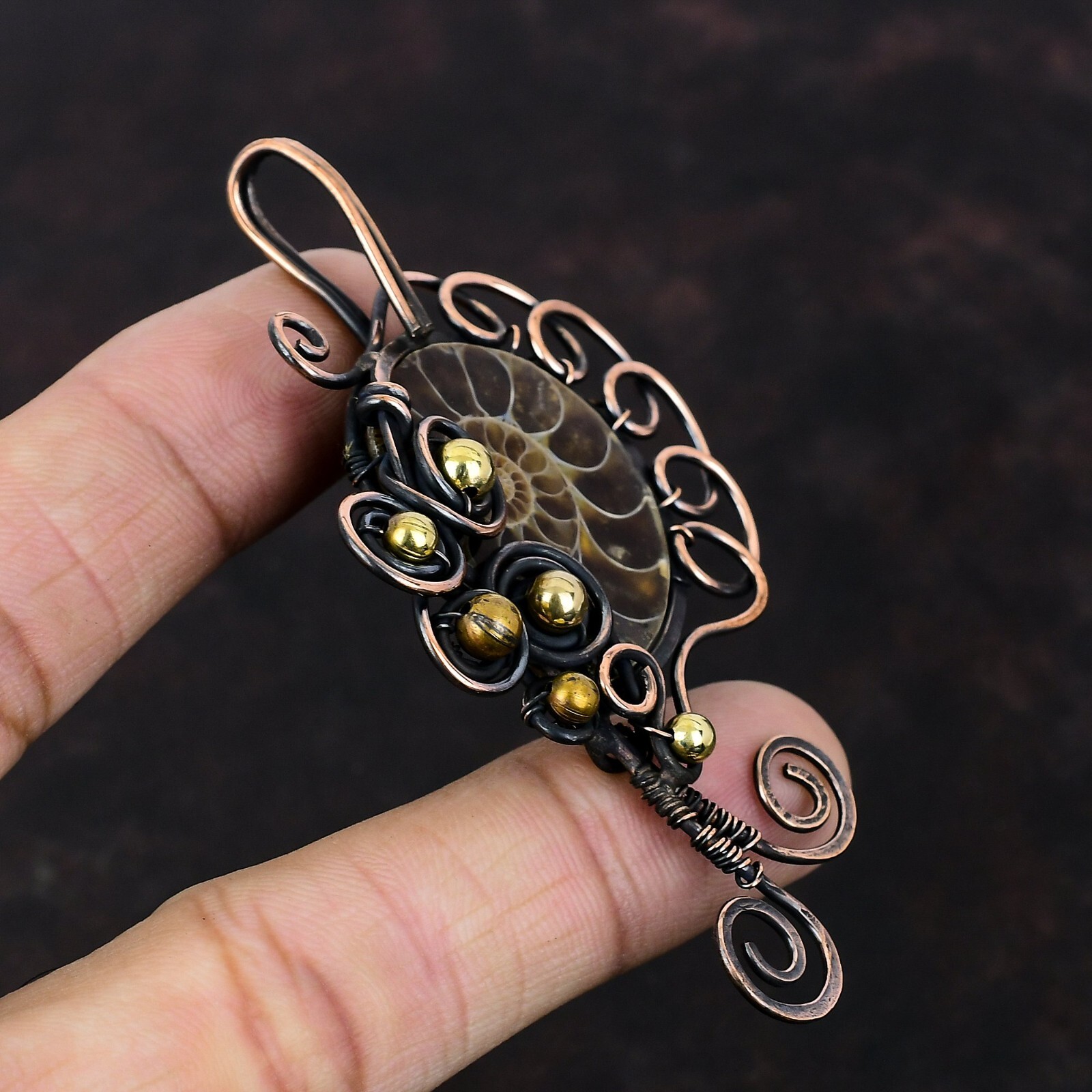Ammonite Fossil Wire Wrapped Pendant Handcrafted Copper Unique Gift 3.23″