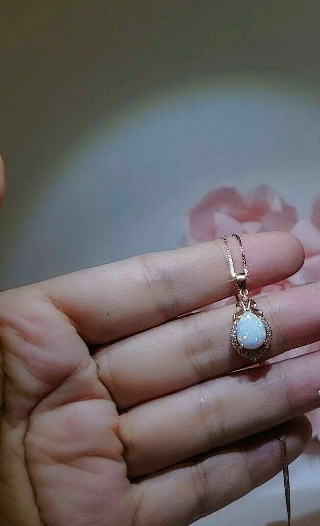 2Ct Pear Cut Fire Opal Teardrop Pendant Necklace Free Chain 14K Rose Gold Finish