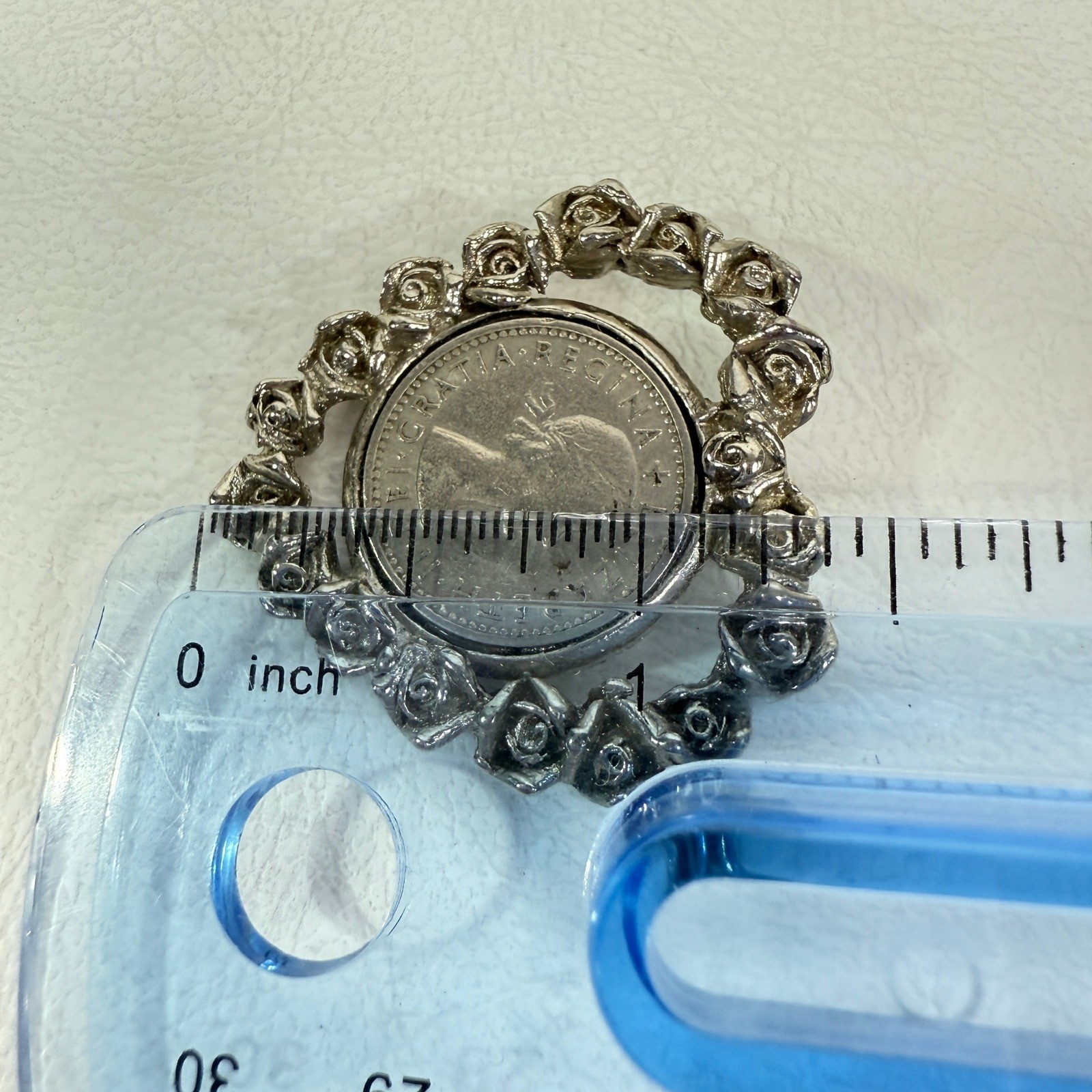 Vintage Coin Pendant Rose Flower Elizabeth II Six Pence 1964 Silver Tone