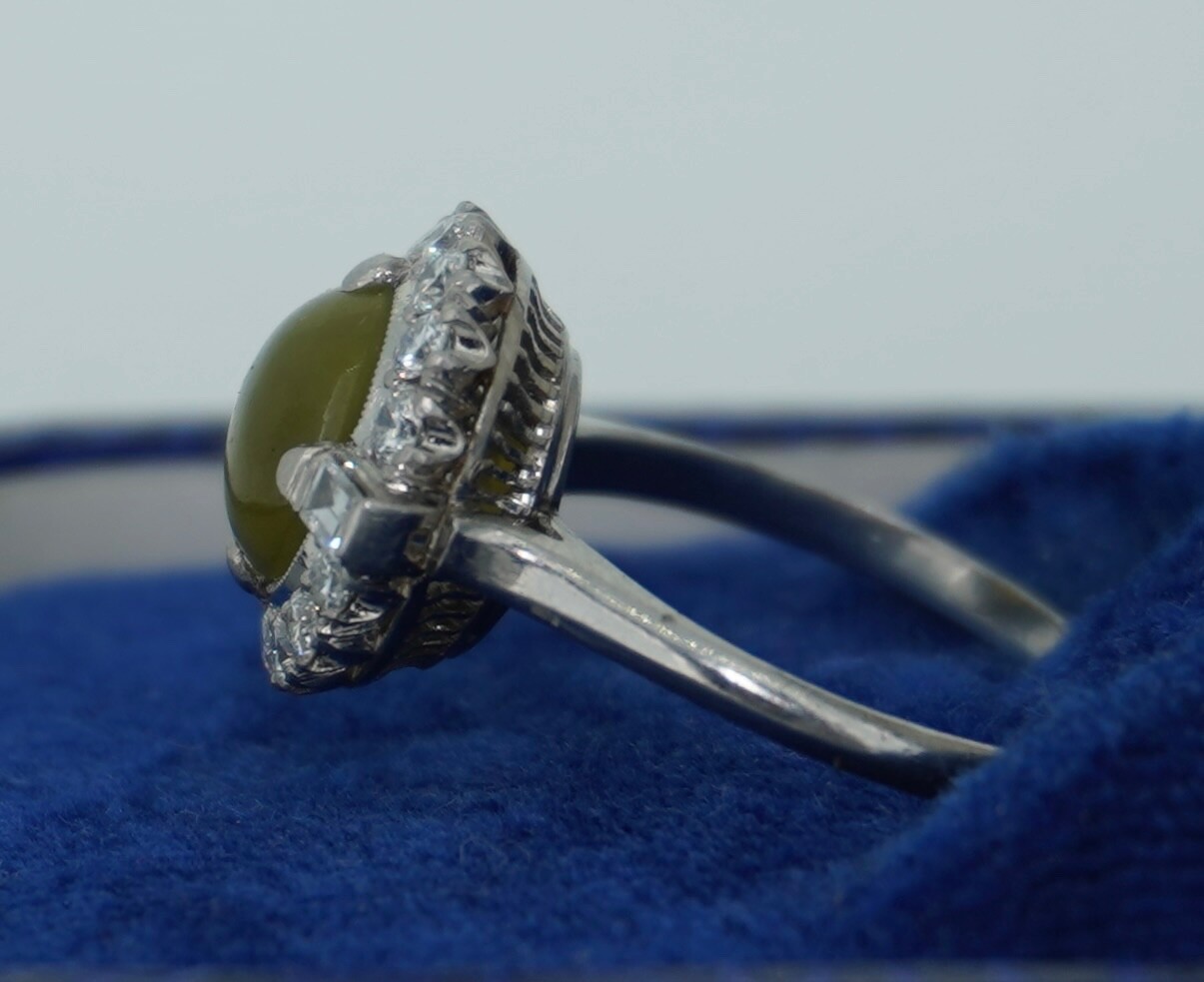 Platinum Cats Eye Chrysoberyl and Diamond Halo Ring