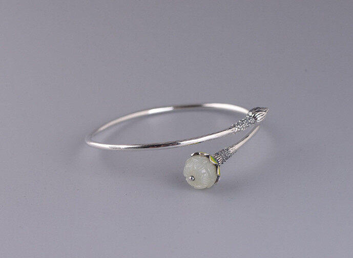 I05 Bangle Silver 925 Lotus Flower Bud White Jade Cloisonne Multicolor