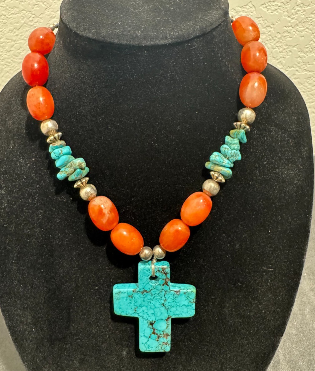 Solid Turquoise Cross Necklace Coral and Sterling Nuggets Heishi Beads 22″ 114 g