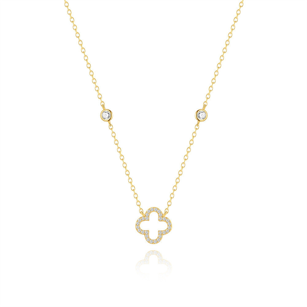 Gold Plated 925 Sterling Silver CZ Four Leaf Clover Pendant Necklace