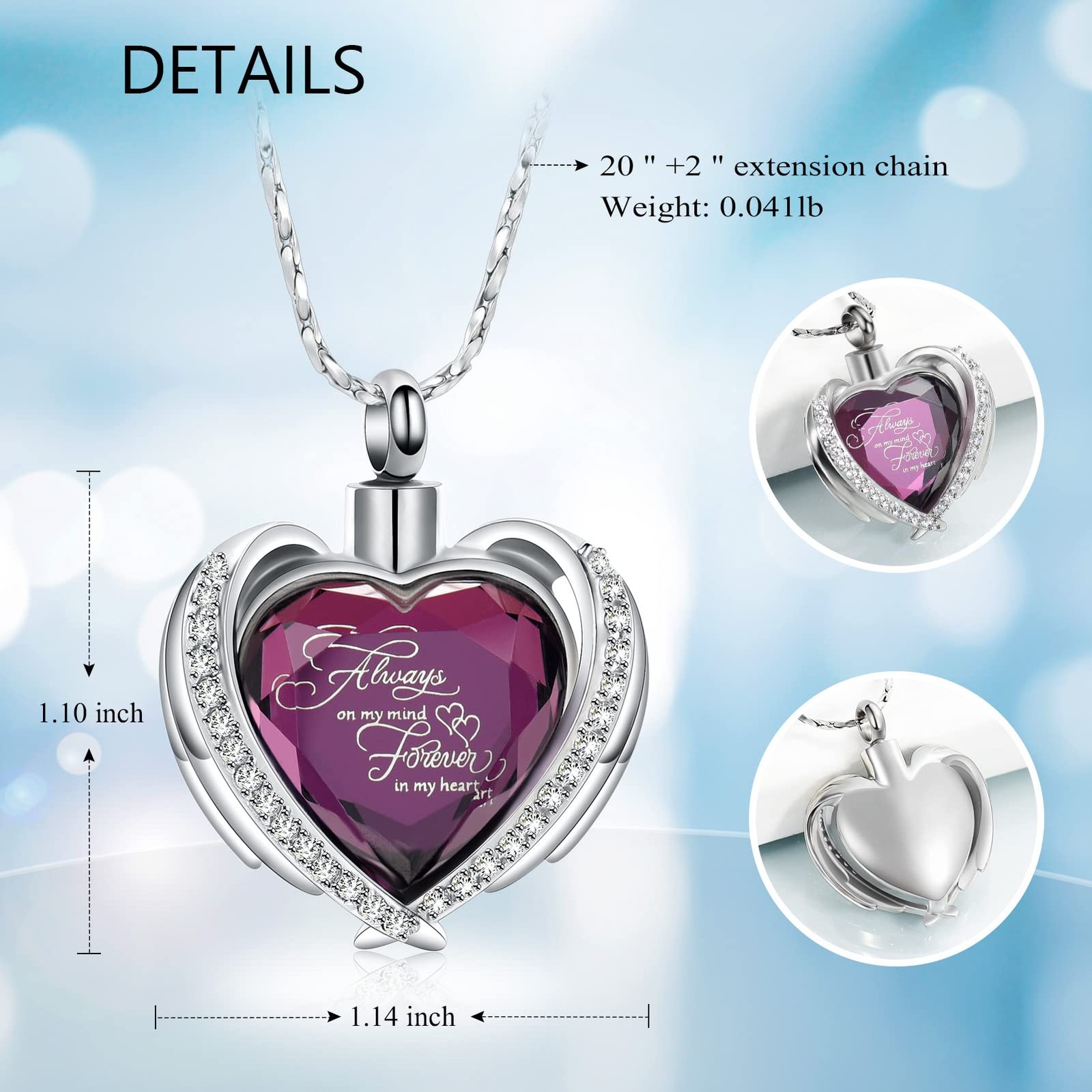 Cremation Jewelry Angel Wing Heart Urn Pendant Necklaces for Women Crystals U…