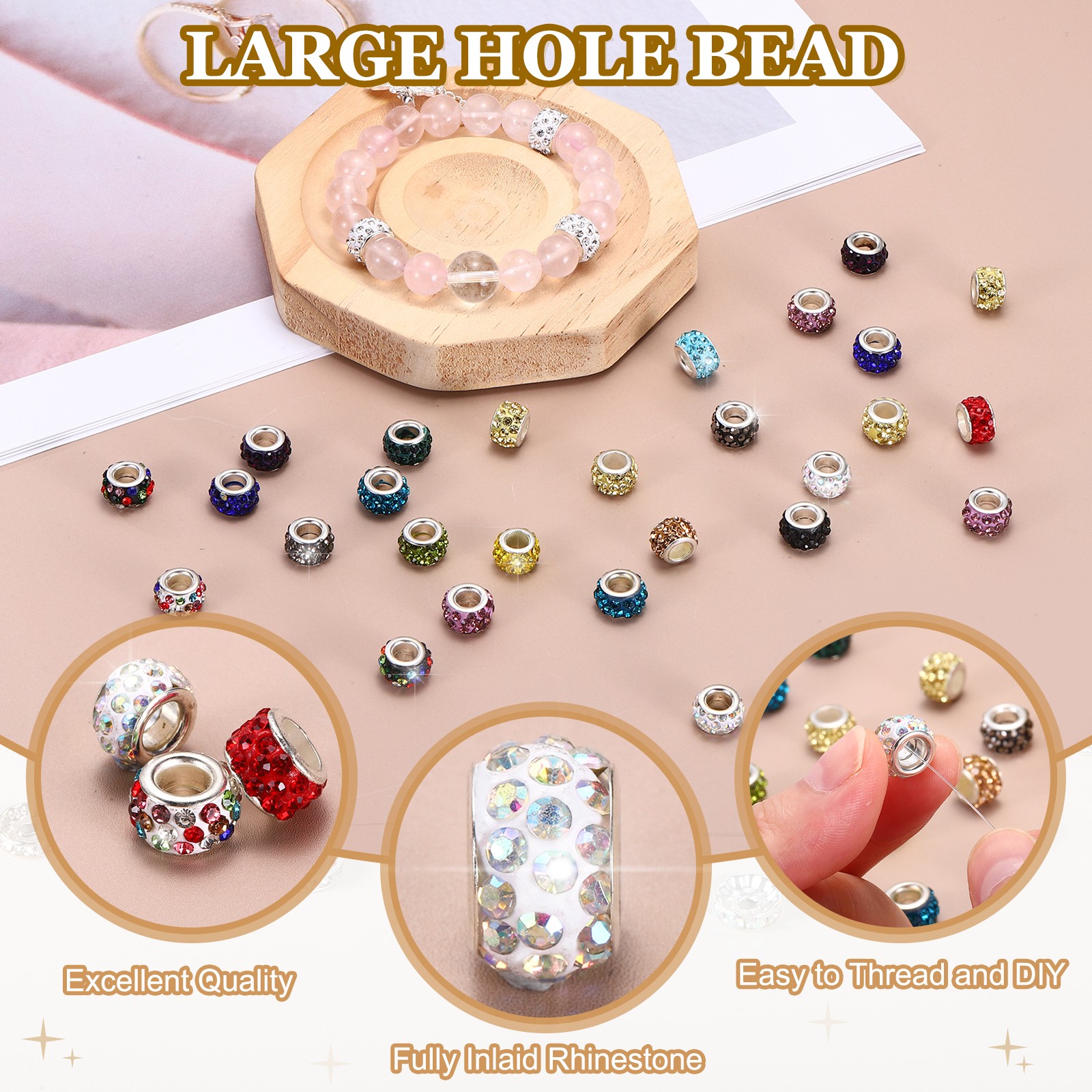 100 Pcs Large Hole Bead, 12mm Rhinestone European Beads (Dark Red)