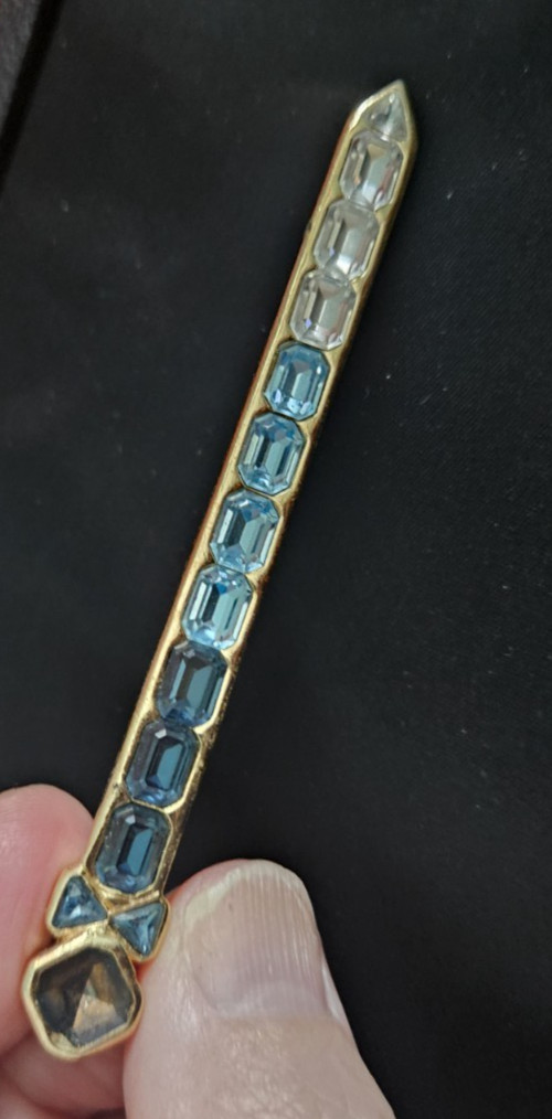 Rare Authentic Vintage Christian Dior Gradient Blue Ombre Rhinestone Bar Brooch