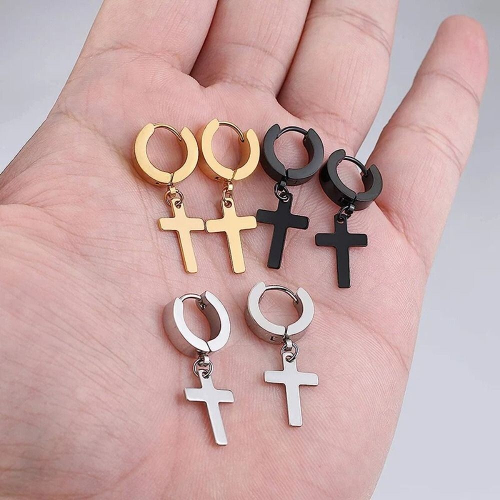 Men’s Women’s Stainless Steel Cross Drop Dangle Loop Huggie Hinged Hoop Earrings