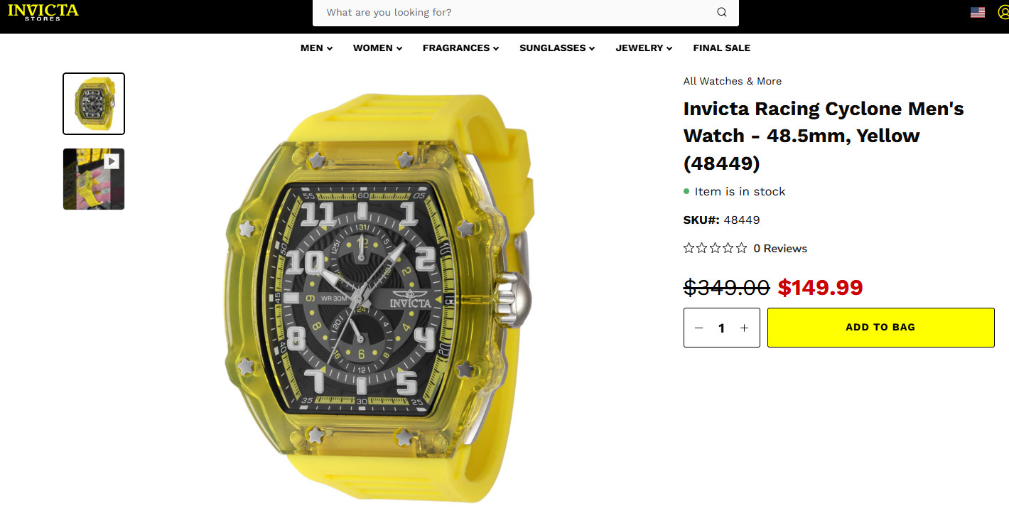 Invicta Racing Cyclone Mens Watch 48 mm Yellow w/ Transparent Case & Black Dial