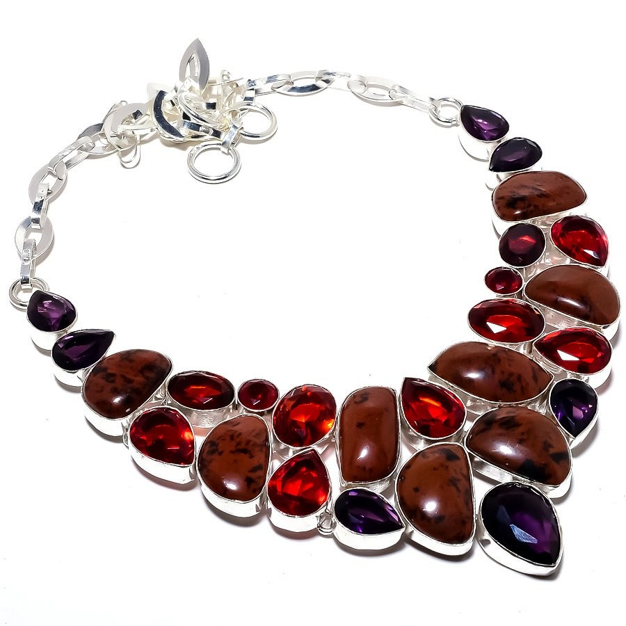 Natural Mahogany Obsidian & Amethyst 925 Silver Plated Necklace 16-18″ S1916