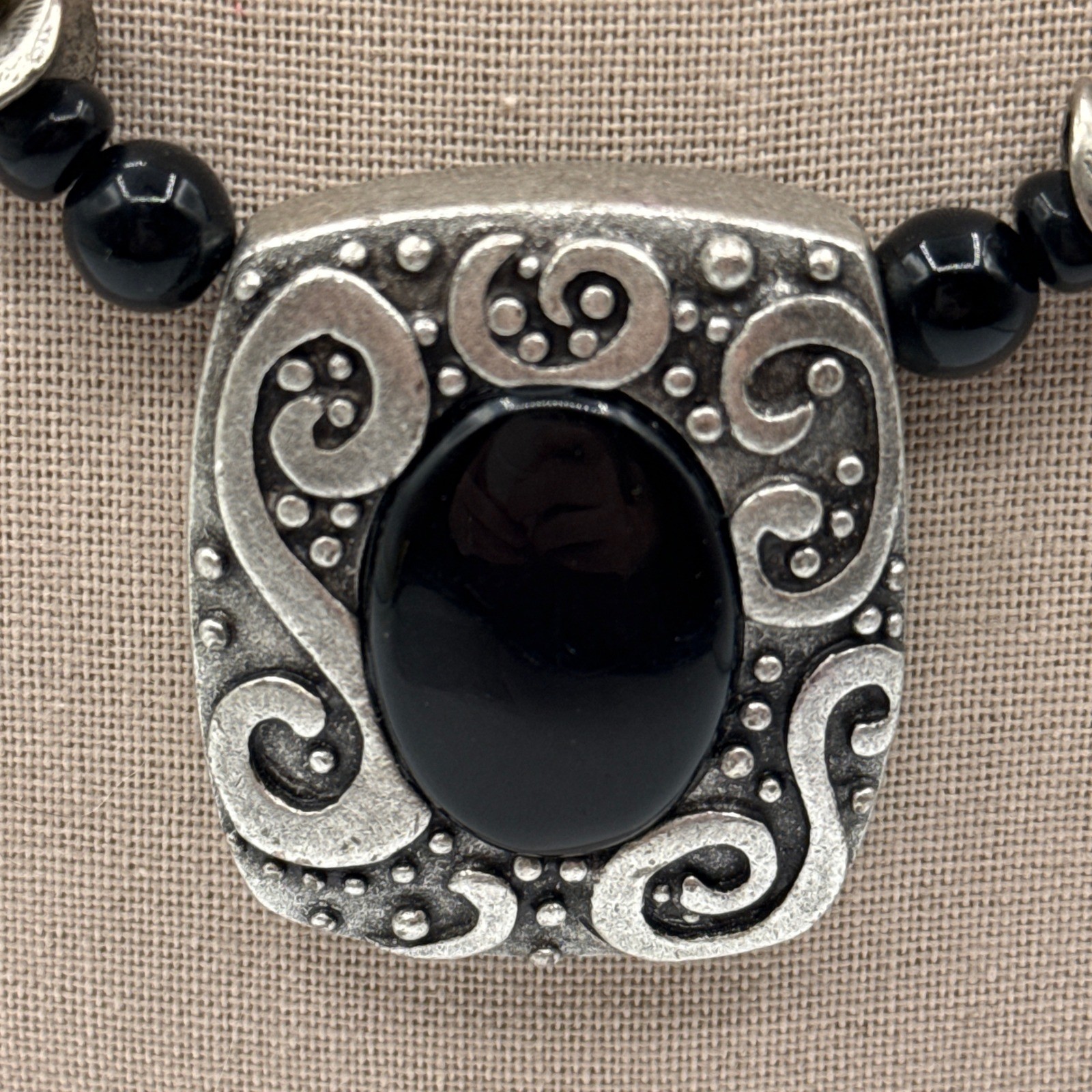 Chico’s Statement Necklace Black Silver Gold Scroll Pendant Boho Tribal Artisan