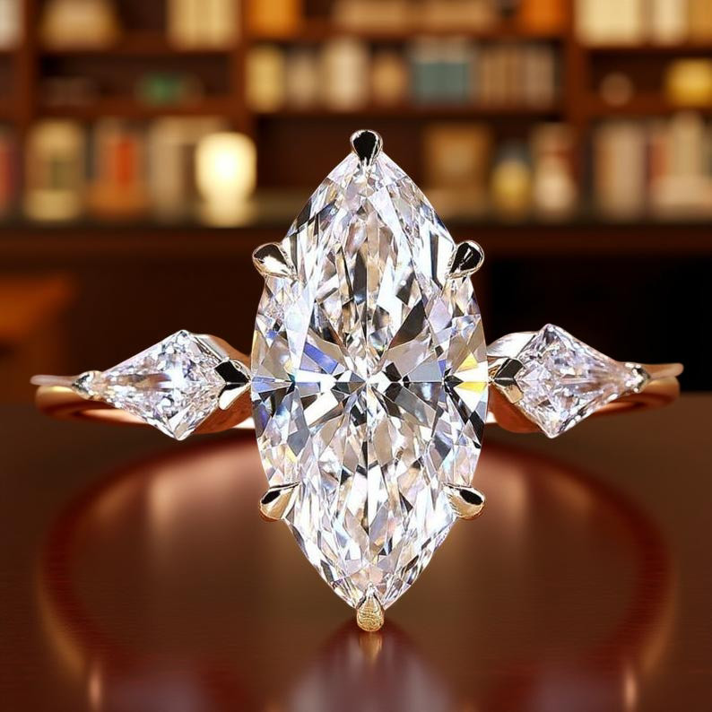 2CT Marquise Moissanite Engagement Ring With Kite Side Stones • Vintage Style