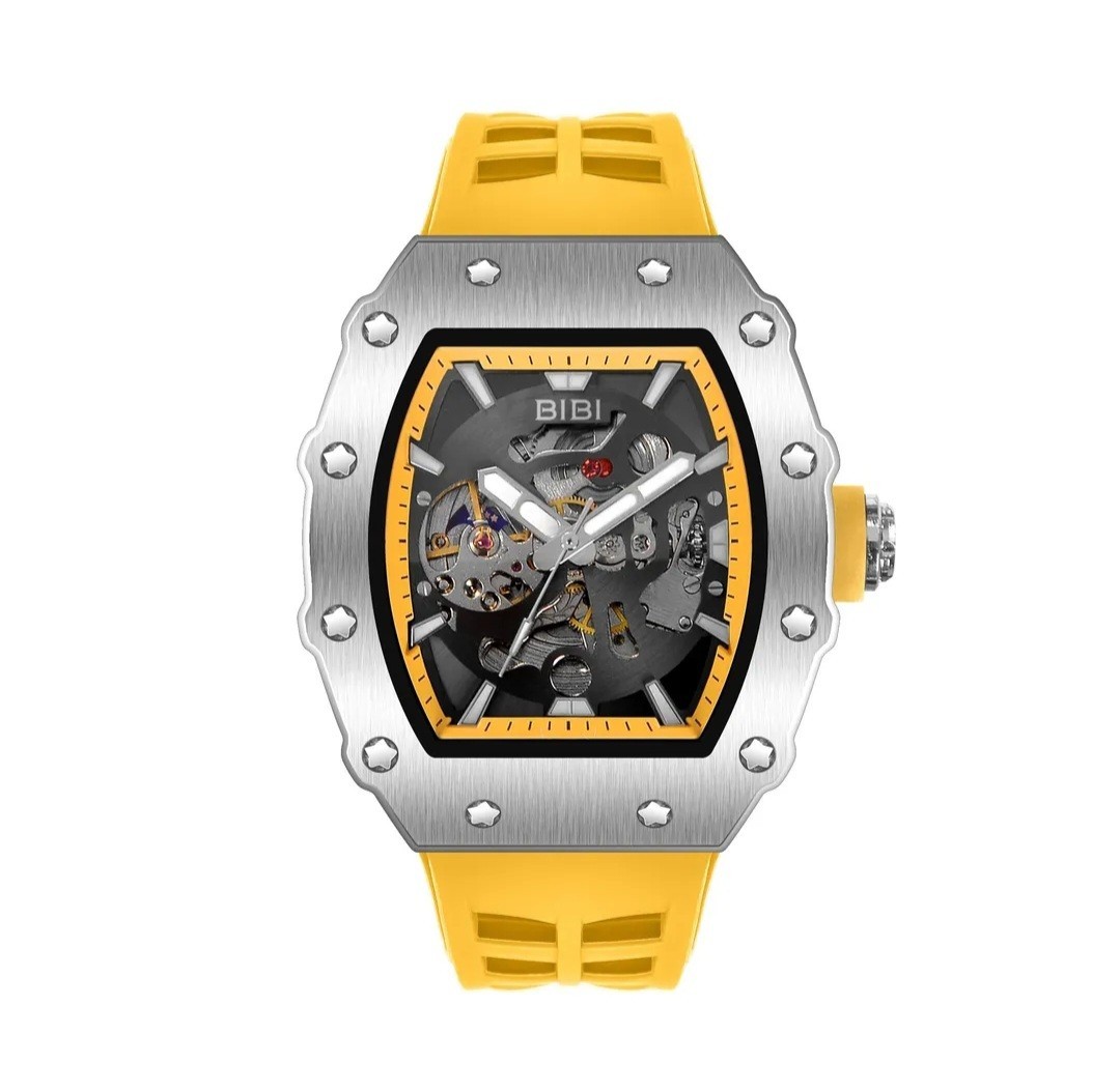 BiBi Automatic Watch Grey Yellow Dial Sivler Case Yellow Strap B0395