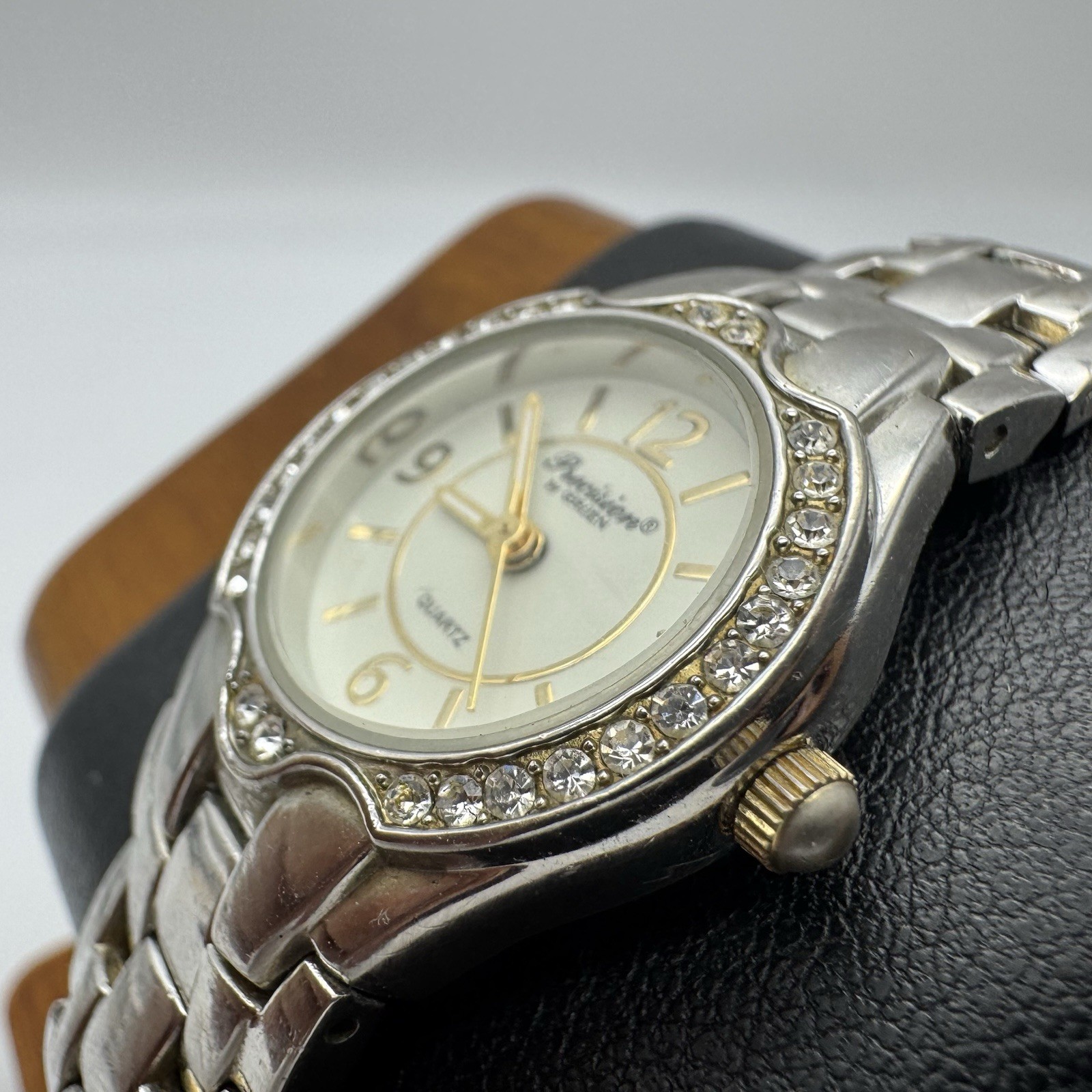 Ladies Precision GRUEN Silver Tone Crystal Bezel Watch, Gold Tone Numbers/Hands