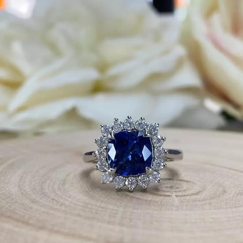 3.00 Ct Cushion Natural Sapphire & Diamond Engagement Ring 14K White Gold Size 5