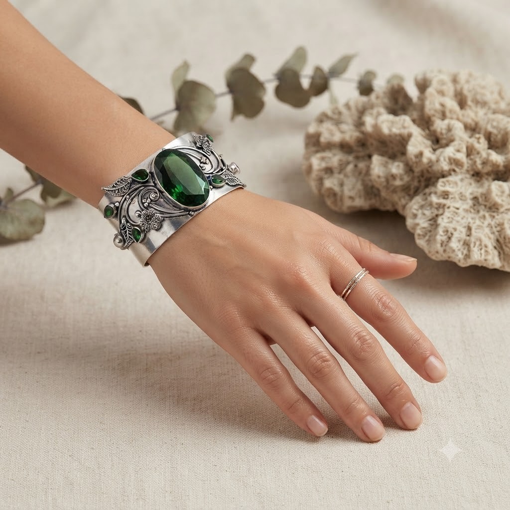 Green Chrome Diopside Gemstone Cuff Bracelet 925 Sterling Silver Jewelry ADJ”