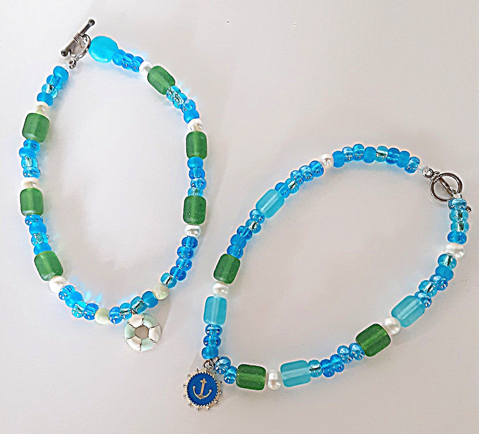 Handmade Sister Friends Sea Glass Nautical Charm Beaded Ankle Bracelet Set