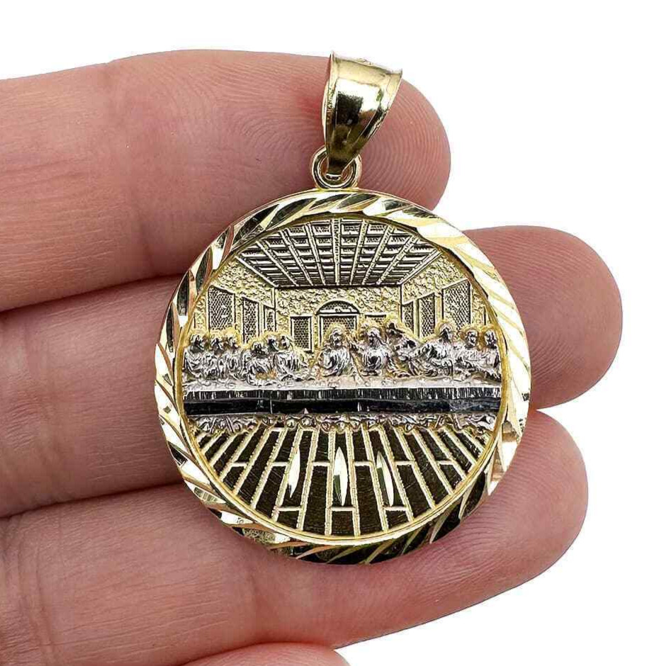 10K Gold Two-Tone Yellow White Textured Last Supper Pendant 1.45″